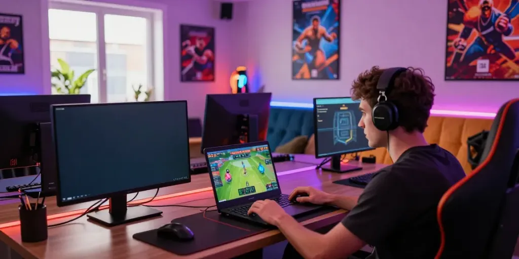 Engaged player exploring https://man88.hair/ online gaming platform in a vibrant setting.