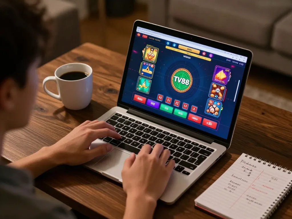 Player engaged in TV88 online casino gameplay, showcasing vibrant game graphics and betting strategies.