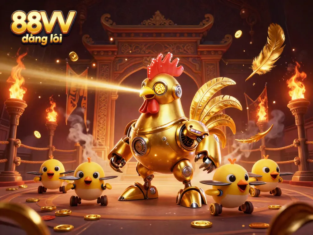 Engage in thrilling gaming experiences with 88VV đăng nhập, featuring a futuristic golden rooster robot and dynamic casino elements.