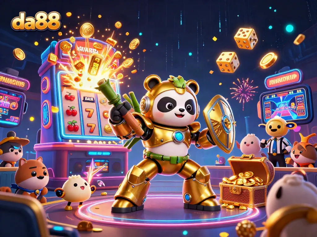 Experience excitement with da88, featuring a vibrant 3D scene of a panda battling in an online casino world.