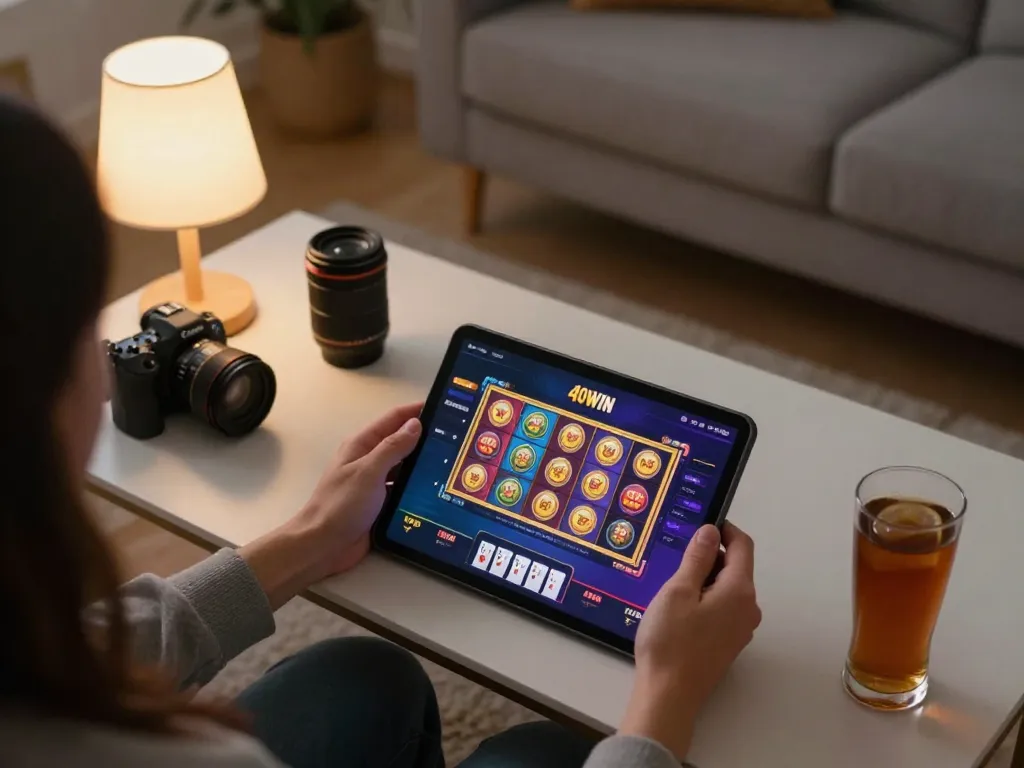 Engaged player enjoying 40WIN casino games on a tablet in a cozy living room setting