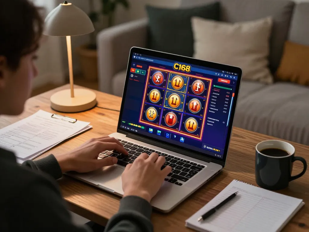 Engaging with C168 online casino on a laptop in a cozy home gaming setup.