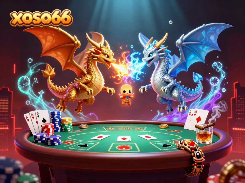 Experience xoso66's thrilling atmosphere with illuminating dragons and dynamic poker elements.
