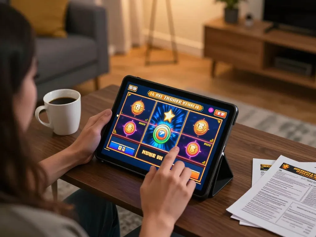 Person enjoying a thrilling slot game on Jun88 from a cozy home with strategy notes nearby.