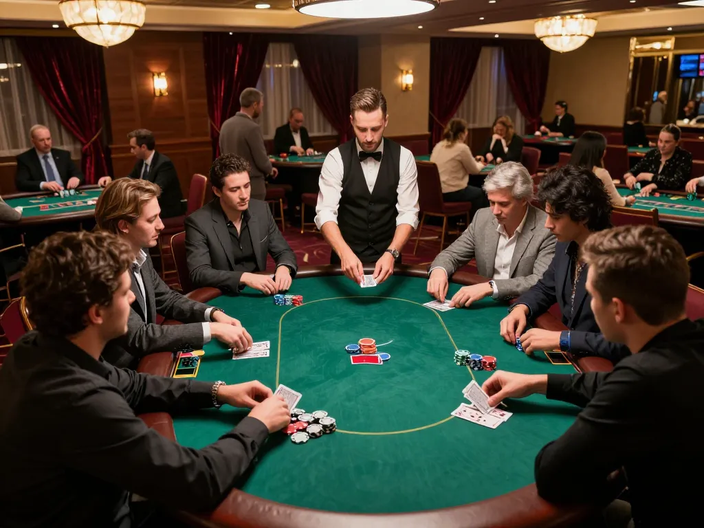 Players at a luxurious poker table at https://rikvip09.com/ engaging in high-stakes gameplay under warm chandelier lights
