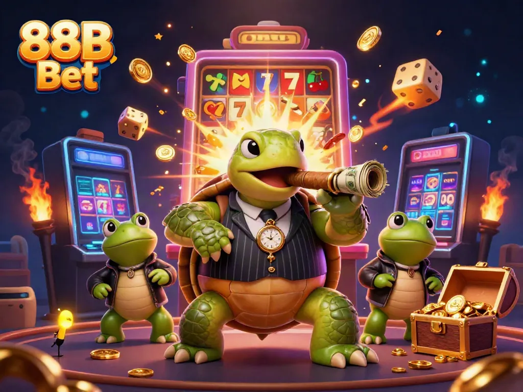 Experience excitement with 88B Bet, featuring a turtle in a mobster suit and vibrant casino elements.