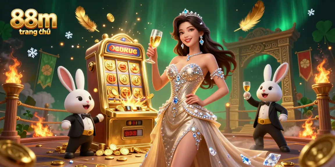 Experience the luxury of 88m trang chủ with a stunning woman toasting beside a jackpot slot machine in a vibrant casino scene.