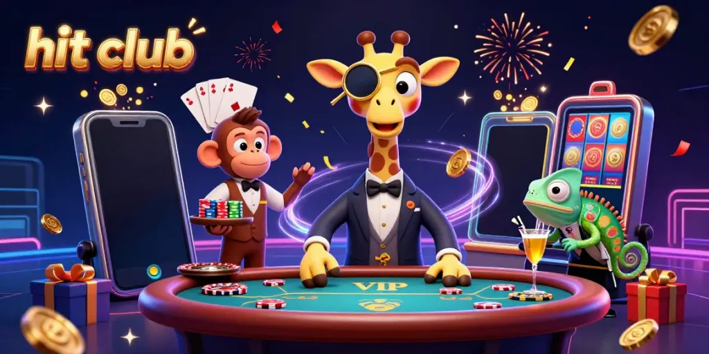 Experience the thrill of hit club gaming with a vibrant casino scene featuring a high-roller giraffe and playful characters.