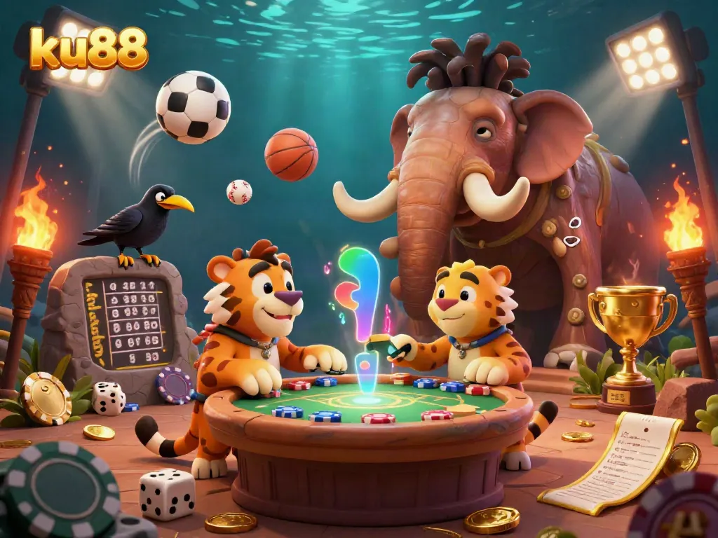 Experience thrilling games at ku88 with a vibrant prehistoric casino scene featuring unique characters and dynamic sports elements.