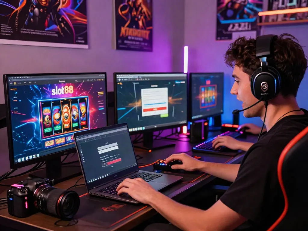 Player engaged in slot88 login on laptop with vibrant gaming setup