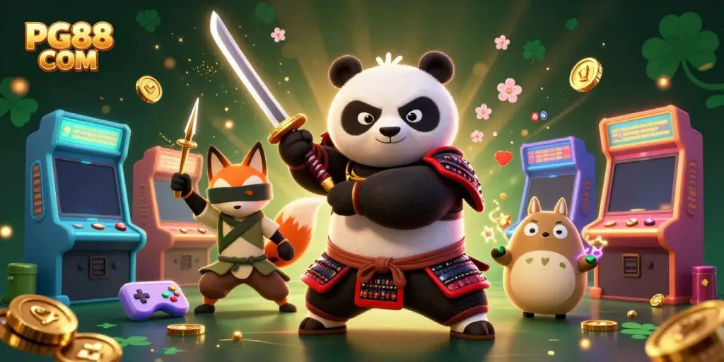 Experience thrilling gameplay at PG88 COM with a dynamic scene featuring a samurai panda, ninja fox, and magical tanuki.