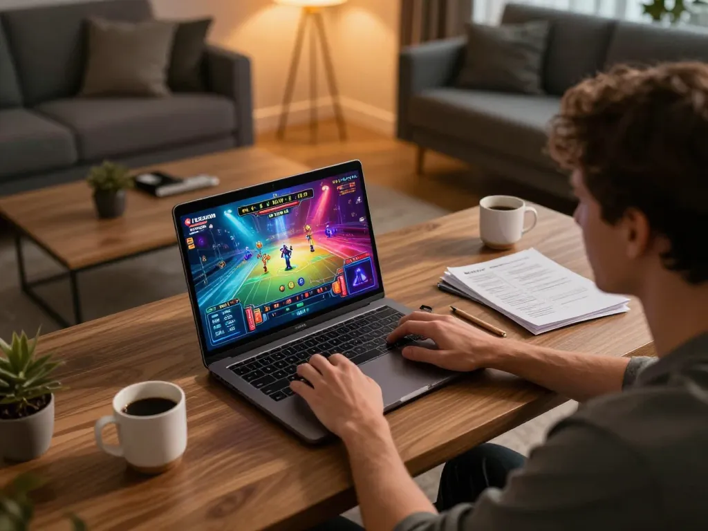 Engaging in MK8 online casino gameplay on a laptop with vibrant visuals in a cozy home office.