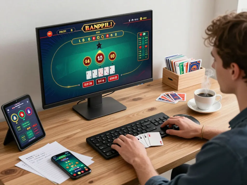 TG88 player engaging in live dealer baccarat online, highlighting strategic focus and an organized gaming setup.