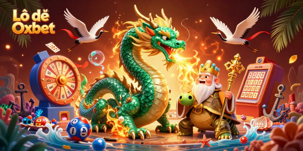 Lô Đề Oxbet showcases a vibrant 3D illustration of a jade dragon, turtle sage, and lucky cranes immersed in lottery excitement.