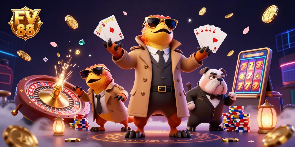 Experience the vibrant excitement of FV 88 with cartoon raptors entering a VIP lounge surrounded by casino elements.