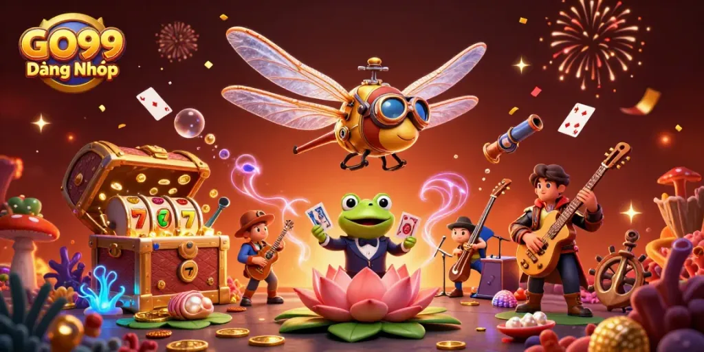 Experience the excitement of GO99 Đăng Nhập with a vibrant casino scene featuring a frog croupier and dragonfly pilot.