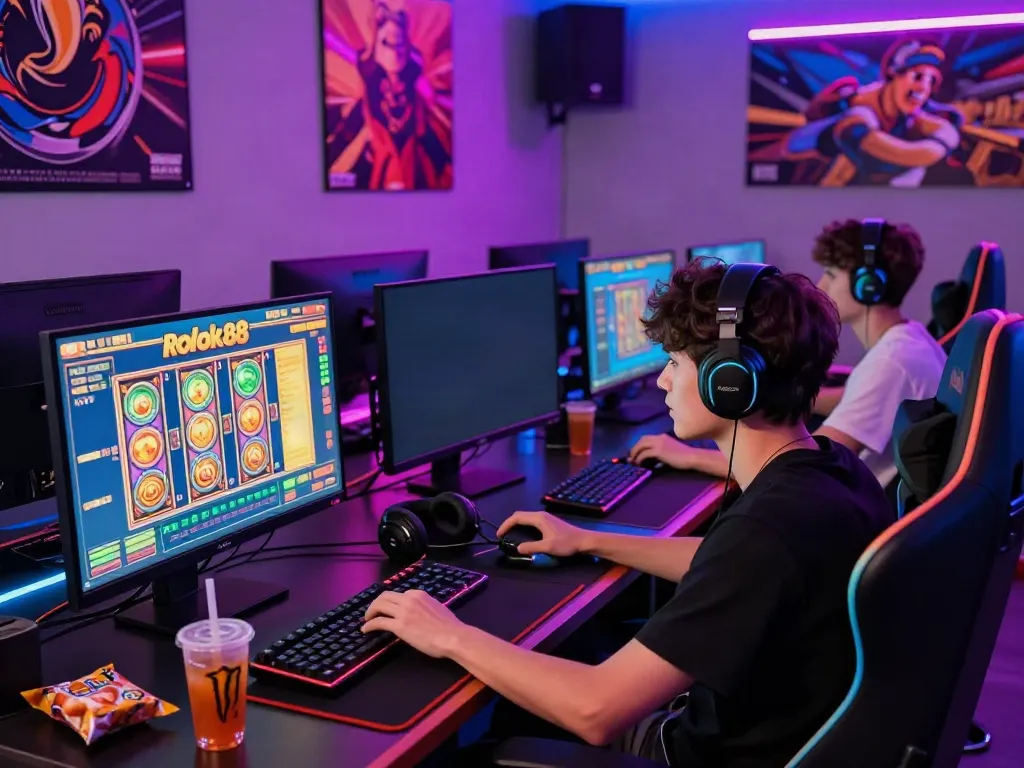 Engaged player at a colorful rokok88 slot gaming setup with vibrant lighting.