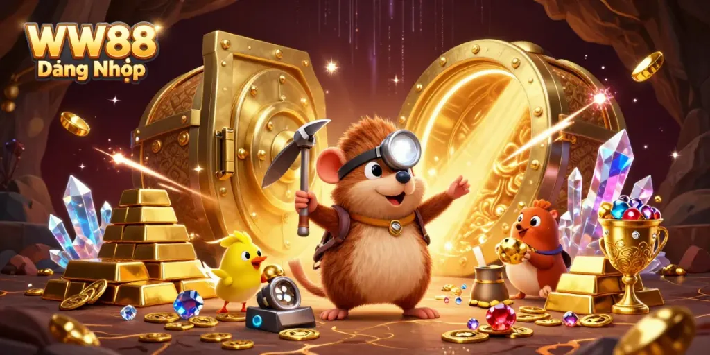 Experience WW88 Đăng Nhập with a treasure hunter and canary in a vibrant casino cave, surrounded by gold and gems.