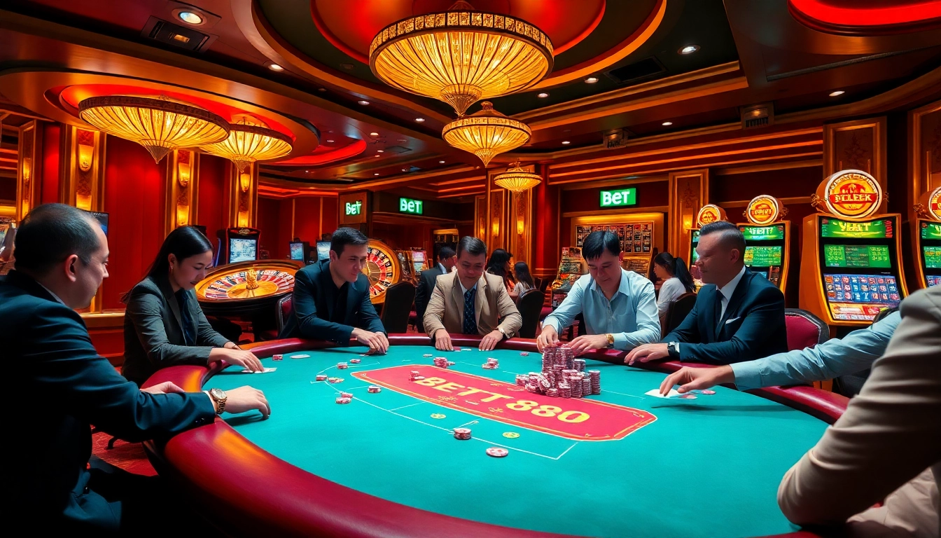 Players enjoying a thrilling game of bet 88 at a stylish casino, surrounded by poker chips, cards, and a spinning roulette wheel.