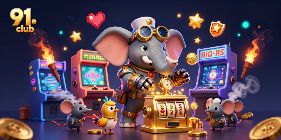 Spin the 91 club golden slot machine with unique steampunk characters in a vibrant casino scene.