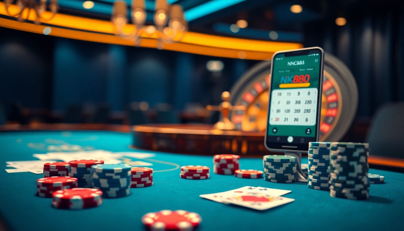 NK88 online casino scene with vibrant poker chips, cards, and a roulette wheel, showcasing excitement and professionalism.