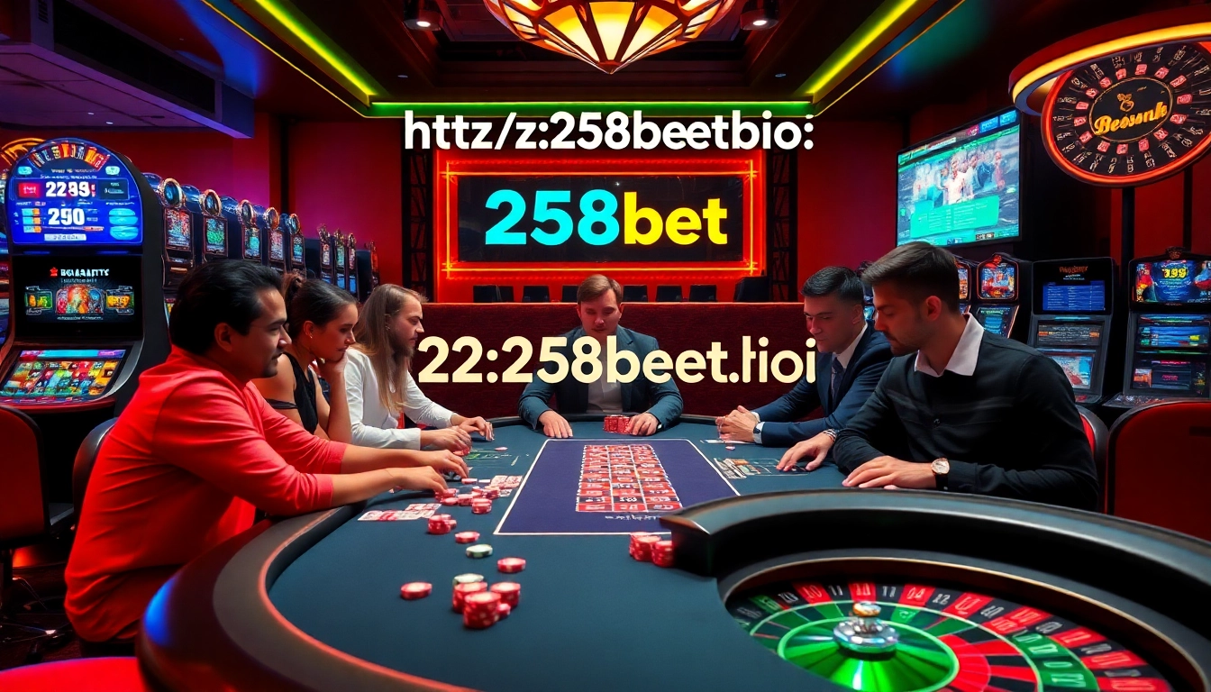 A dynamic casino scene with players engaging at a poker table, showcasing excitement and the thrill of gambling at https://258bet.bio/.