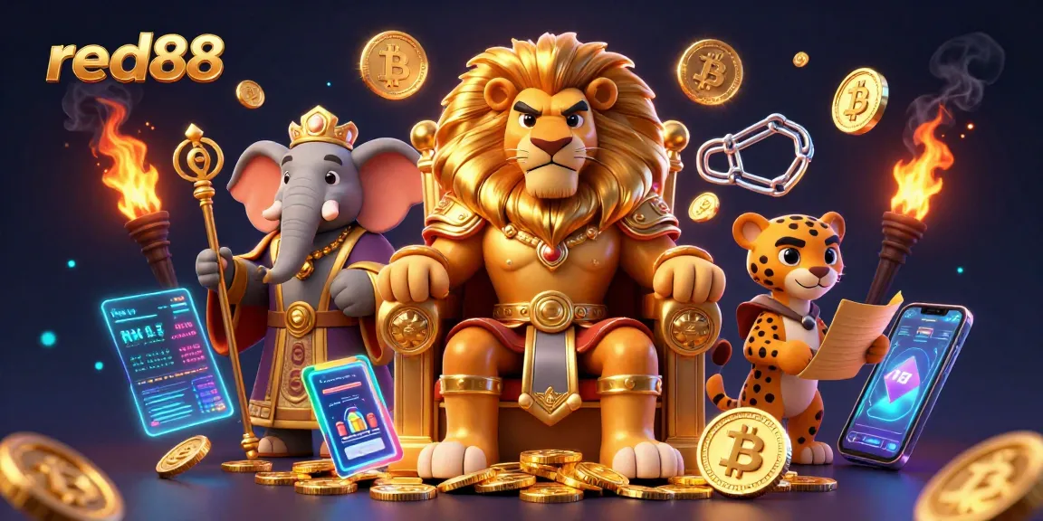 Experience fortune with red88 among a lion king, wise elephant, and cheetah in a vibrant casino world.