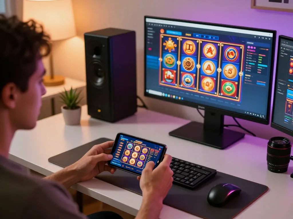 Player using mobile device for 789bet dang ky on engaging casino app interface in cozy home setting