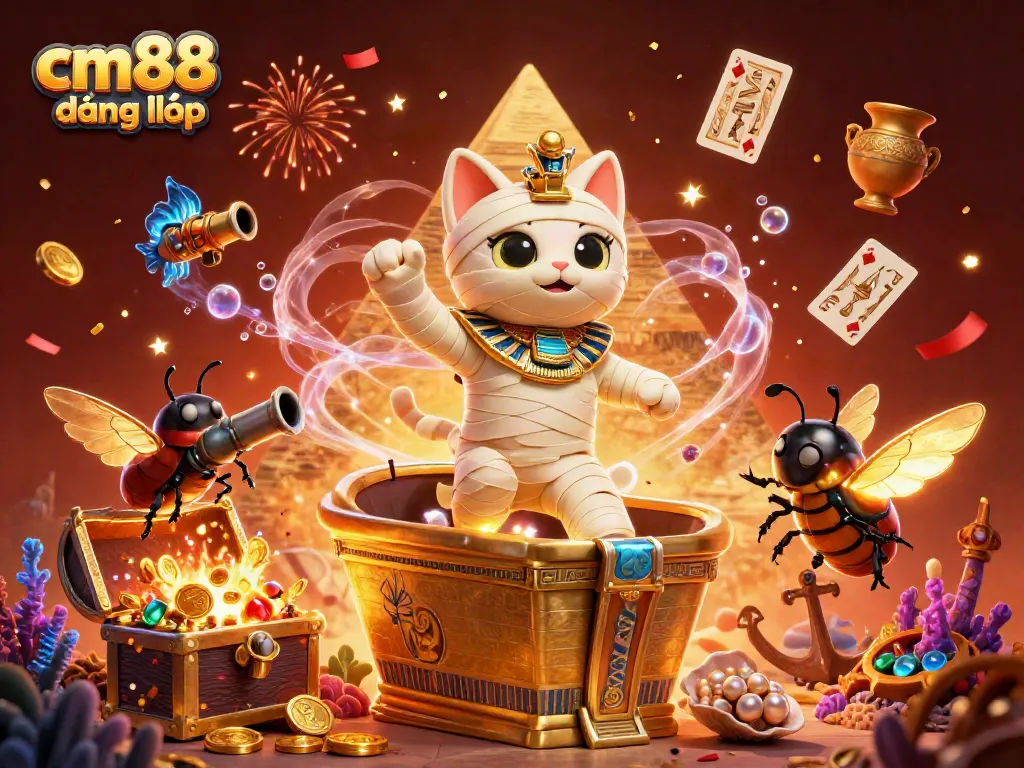 Experience exciting cm88 đăng nhập with an illustration of a mummy cat, golden treasure, and casino elements.