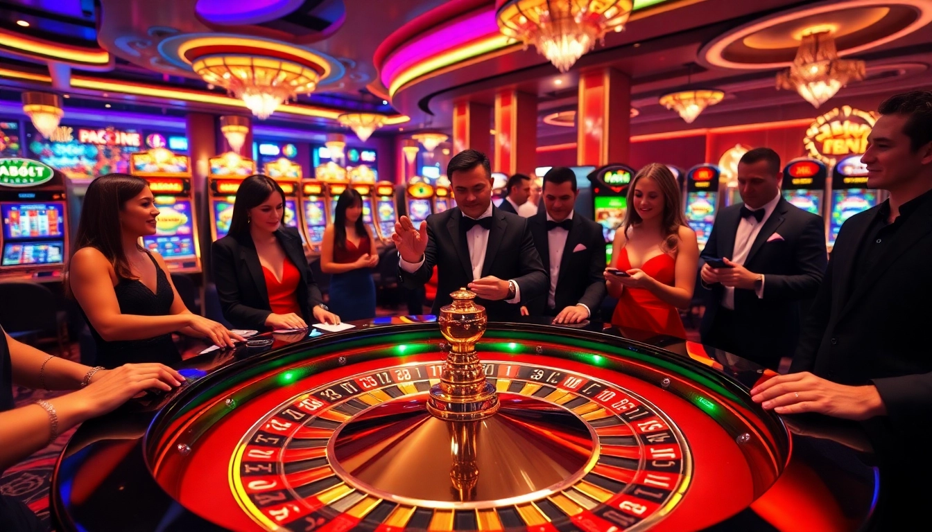 Experience the thrill of 188 bet at a luxurious casino roulette table with engaging players and dealers.