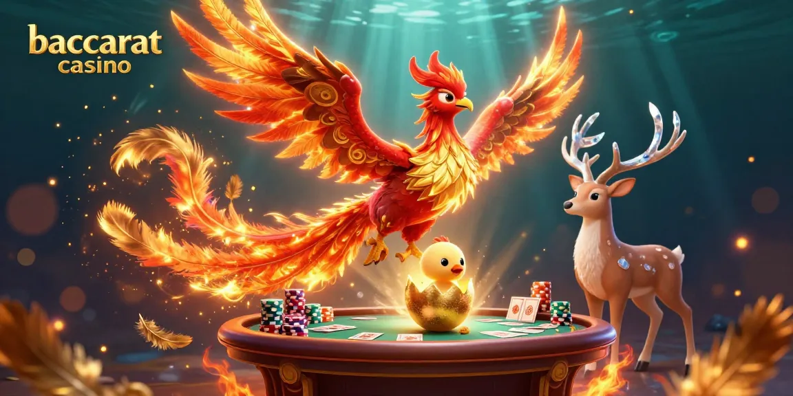 Baccarat casino scene featuring a fiery phoenix, a hatching chick, and a mystical stag around vibrant game elements.