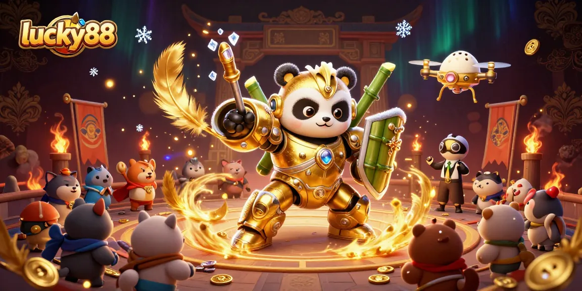Experience epic action with lucky88's golden panda in a high-stakes gambling arena.