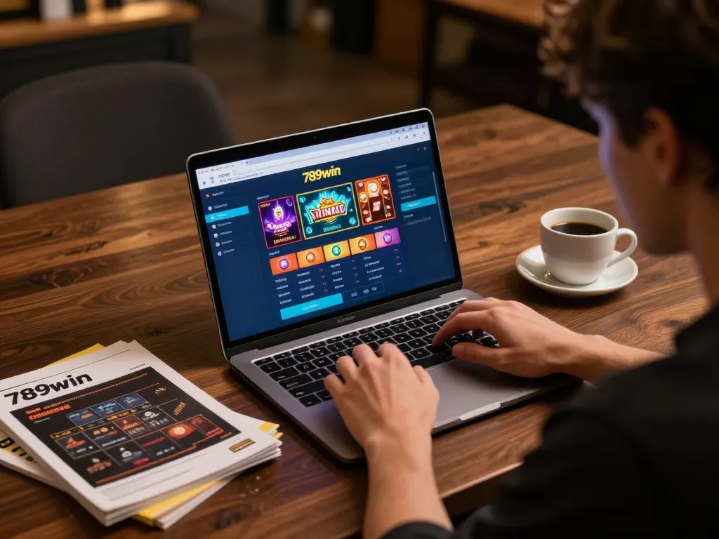 Engaging in online gaming at 789win hiện đang mở, showcasing a focused player using a laptop in a cozy environment