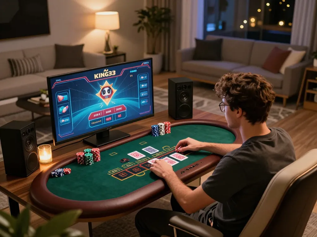 King33 player engaged in live dealer blackjack from a luxurious home setup, creating an inviting online casino atmosphere