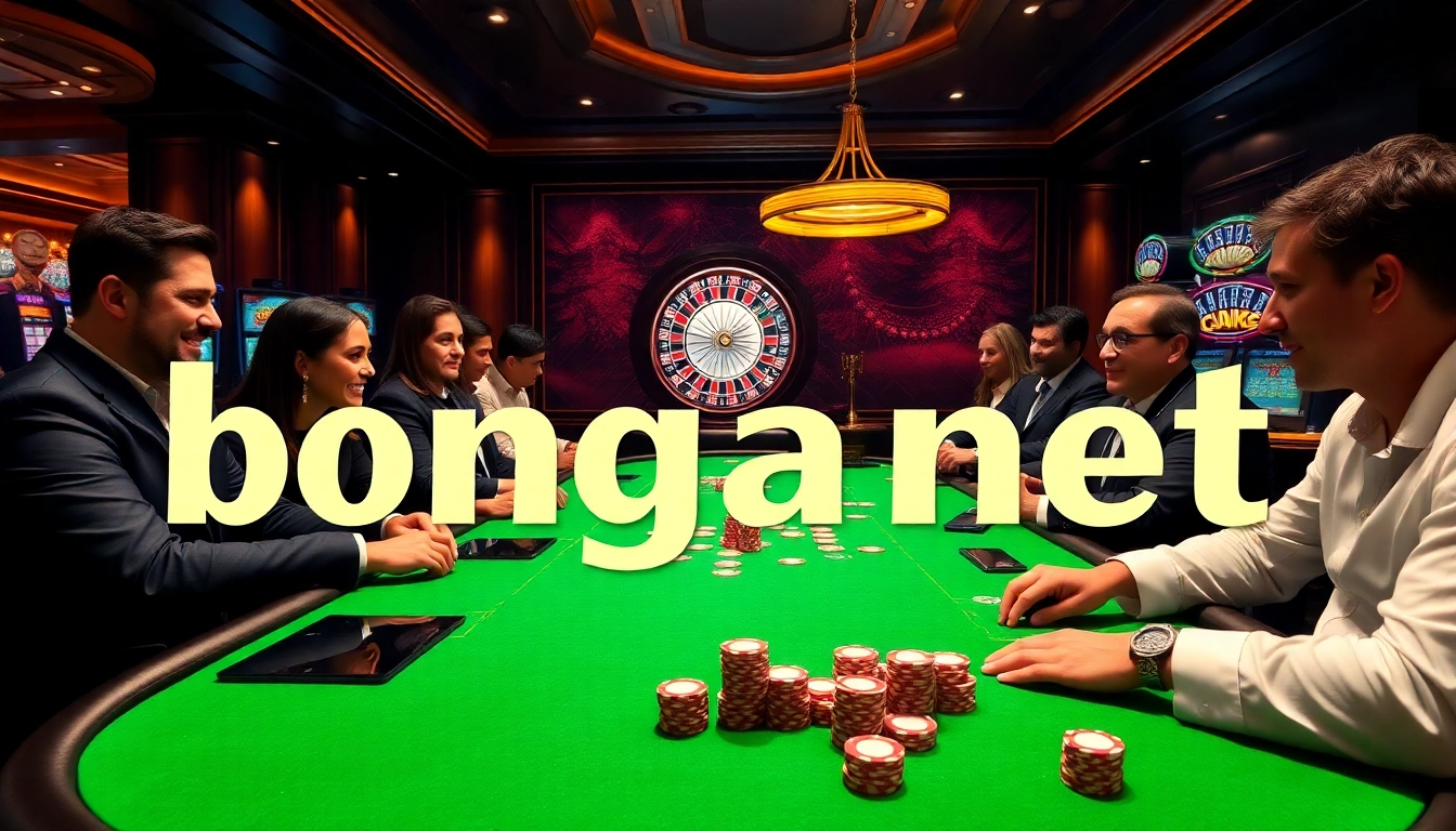 Bongdanet provides a luxurious gambling experience with poker players in action at a stylish casino table.