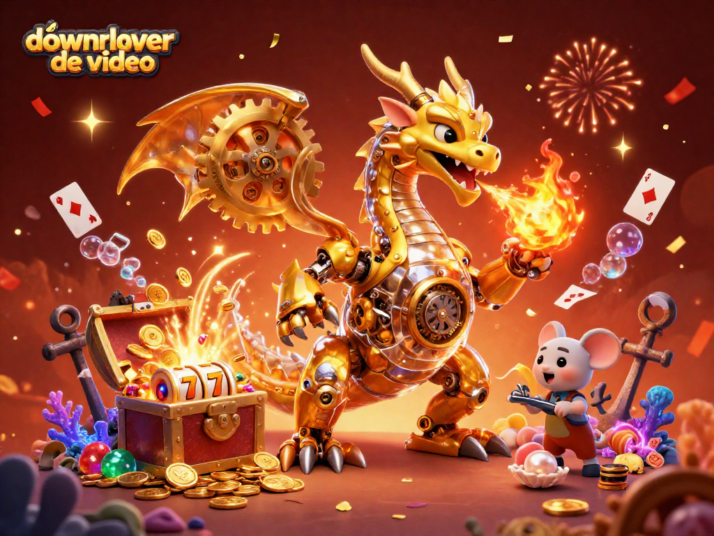 Experience excitement with downloader de video gaming, featuring a golden dragon and treasure elements.