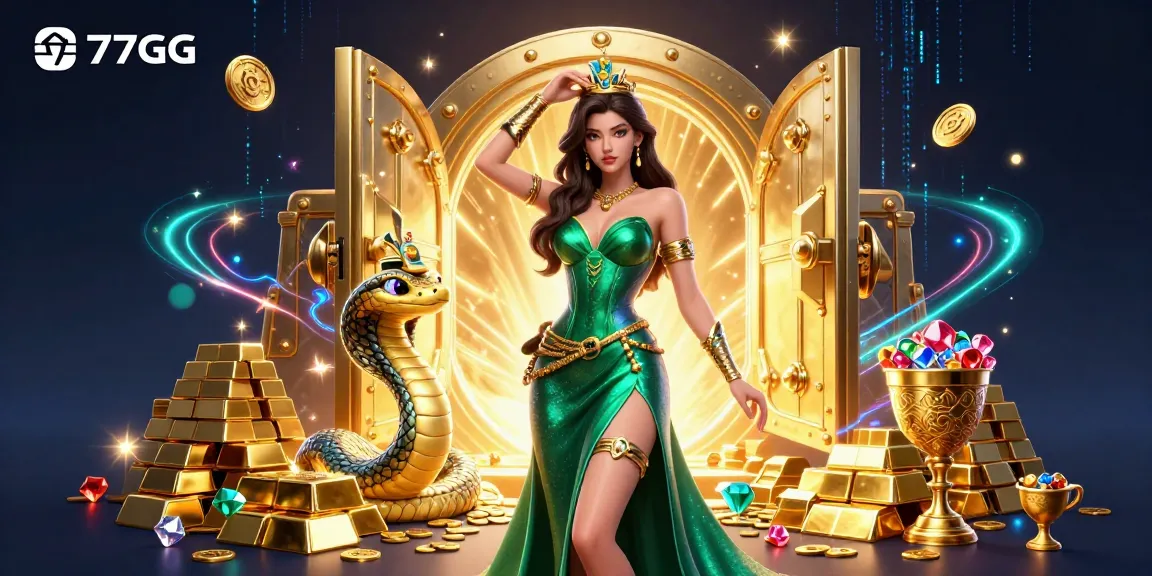 Immerse in thrilling gambling with 77GG's captivating scene featuring golden treasures.