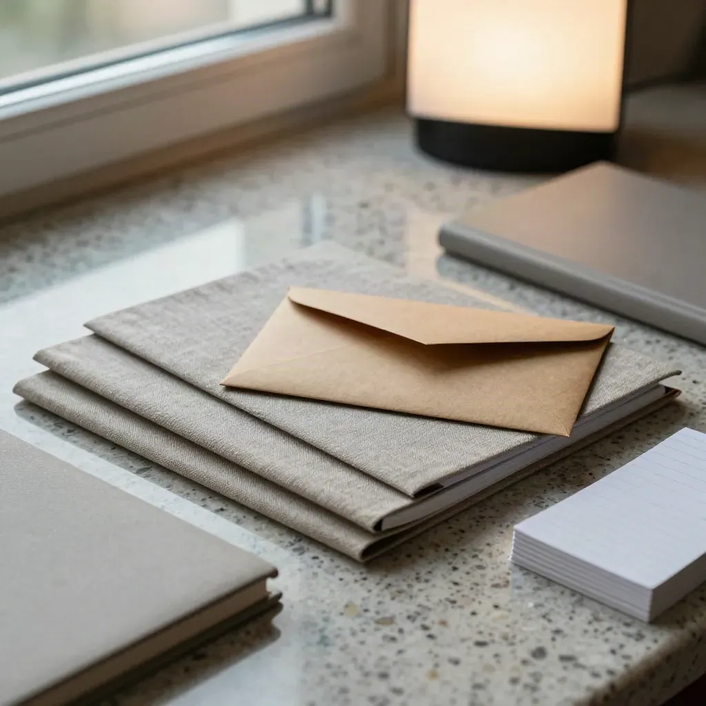 Kit compacto de clareza em travertino com pastas, envelope, caderno e cartões, em luz suave.