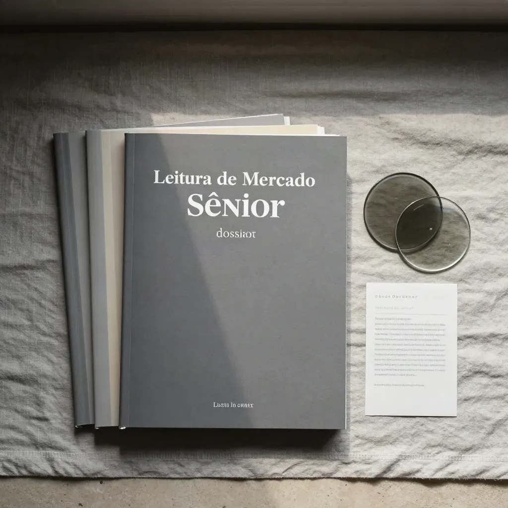 Pilhas de dossiês cinza e discos de vidro fumê sobre linho.
