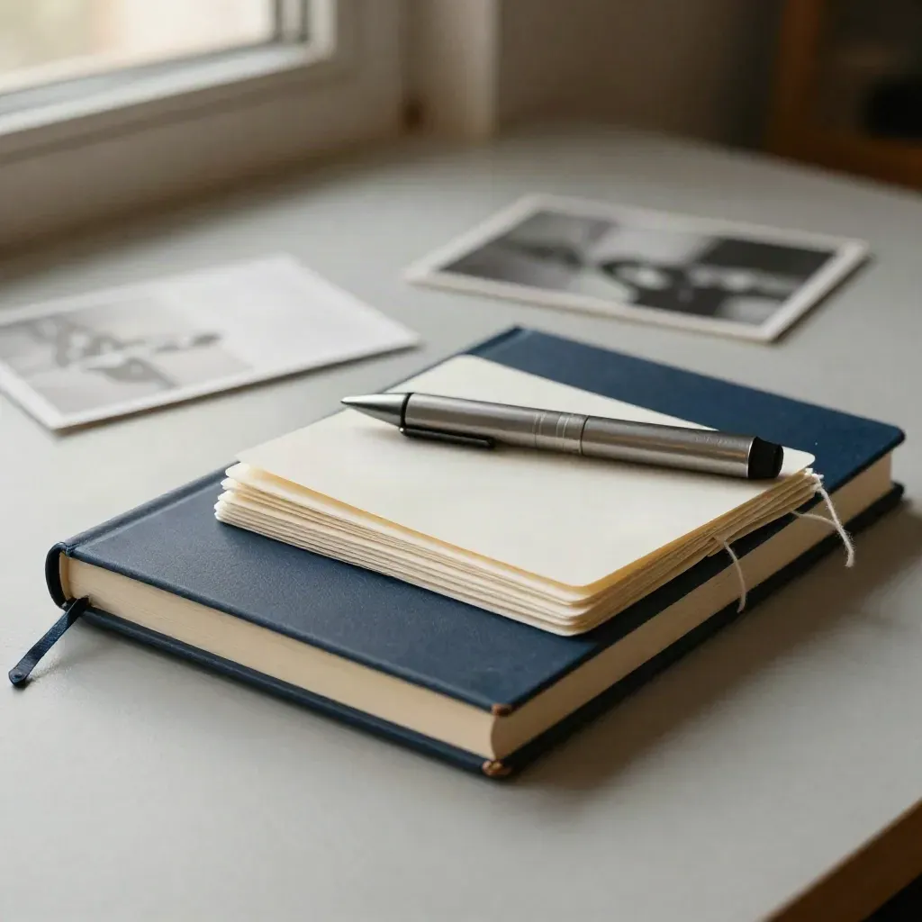 Kit de oficina de storytelling sobre bancada de madeira clara, com caderno, fios e cartões dobrados.