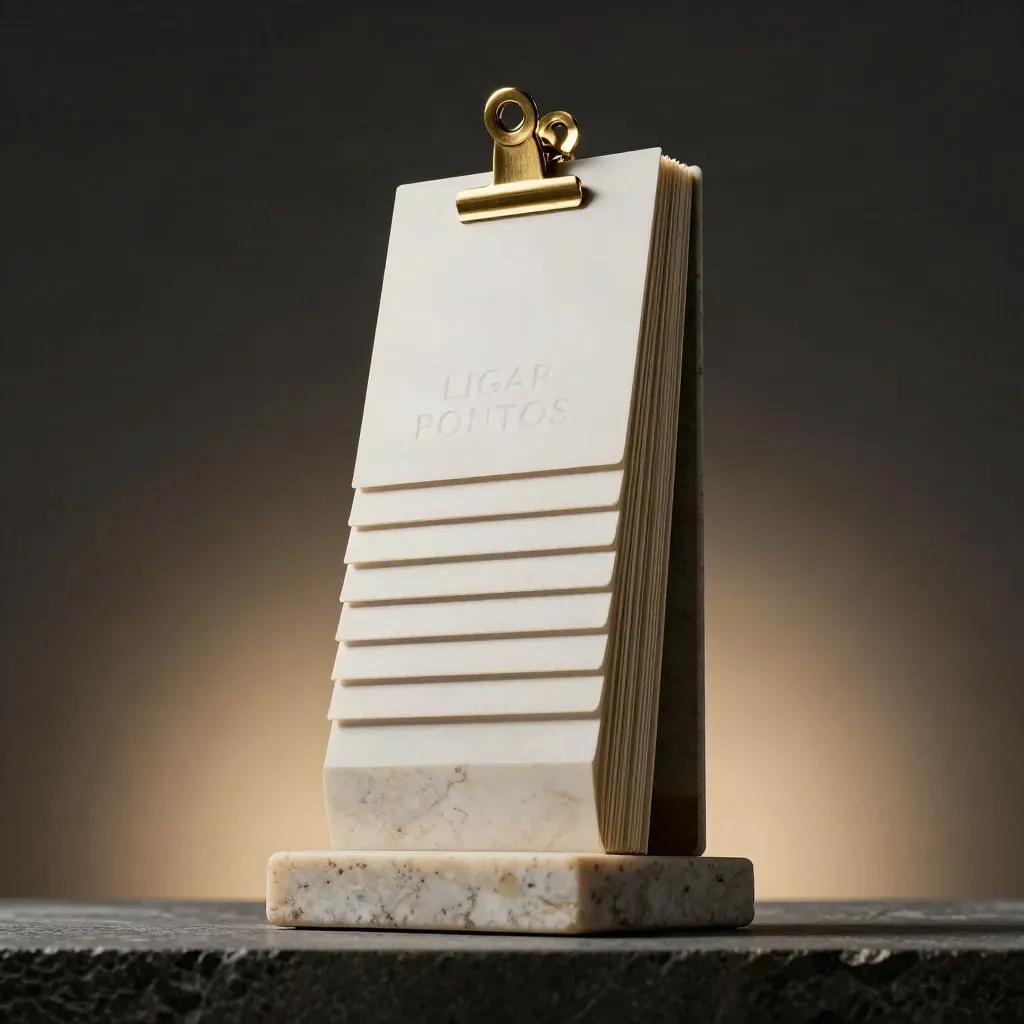 Caixa premium de revisão de pitch em base de pedra, com cartões laminados e detalhe dourado.