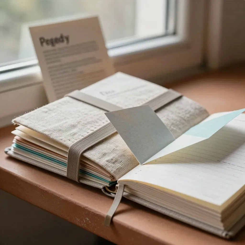 Planner modular aberto com tabs mensais, elásticos e bloco dobrável ao lado da janela