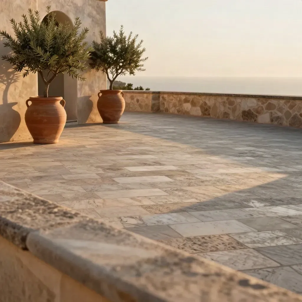 Terraço de pedra ao pôr do sol com vasos de barro e sombra longa.
