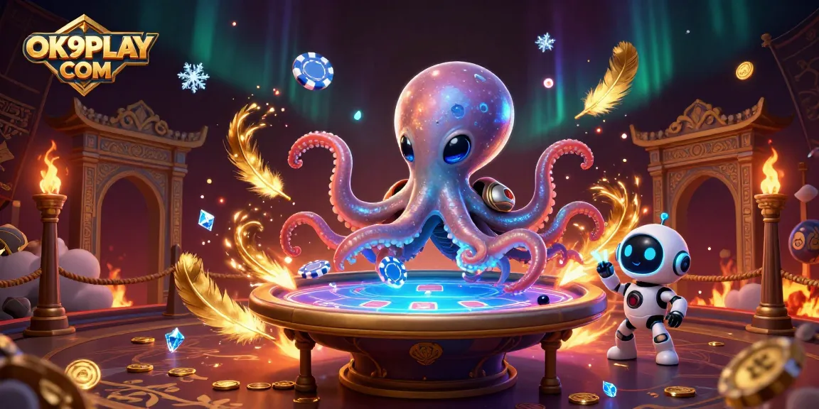 Engage with OK9PLAY COM at a lively alien casino scene featuring an octopus dealer and robotic companion.