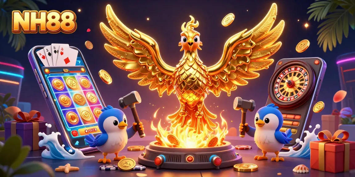 Experience excitement at NH88 with a golden phoenix surrounded by casino elements like slot games and cards.