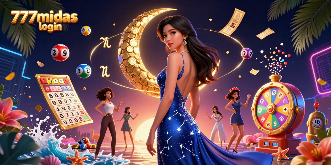 Engaging in 777midas login, a glamorous Asian woman amidst colorful lottery elements.