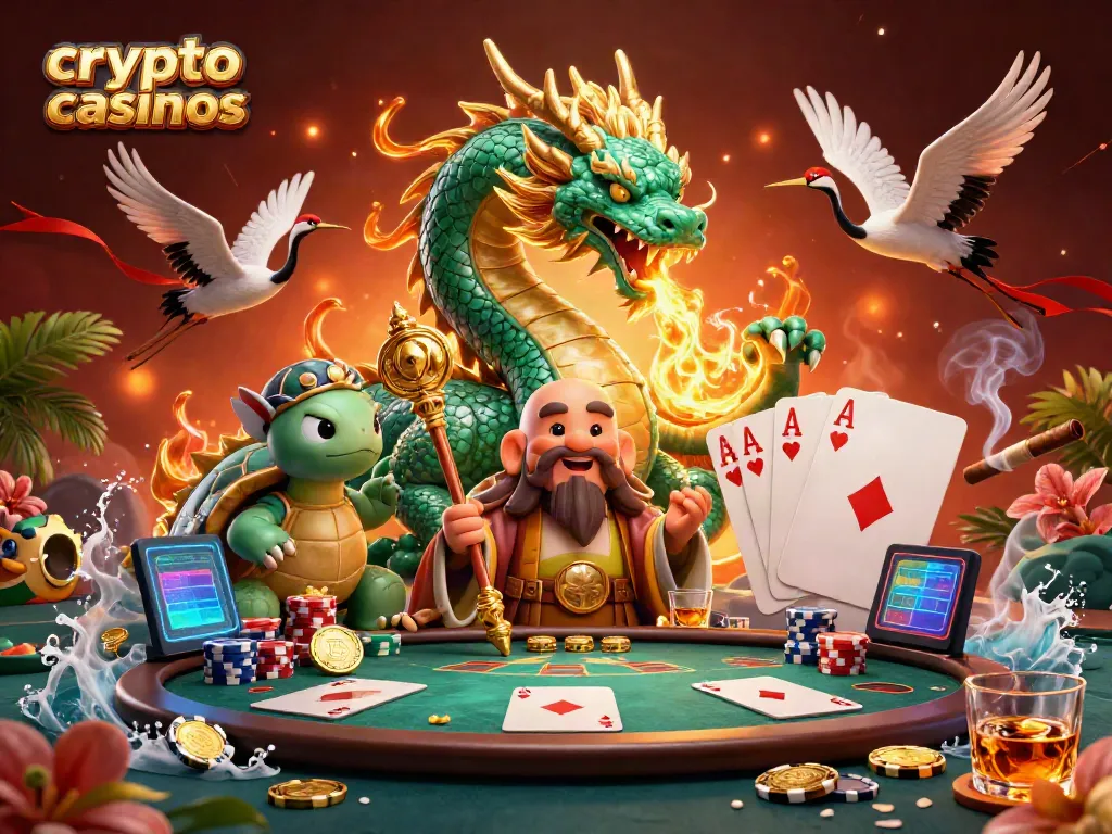 Engage in exciting crypto casinos with a jade dragon and turtle sage in a vibrant scene.