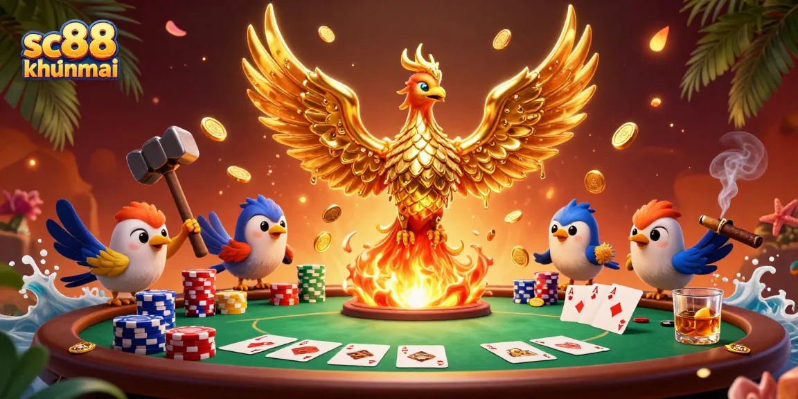 Engage in thrilling betting with SC88 khuyenmai as a golden phoenix emerges, surrounded by lavish poker elements.
