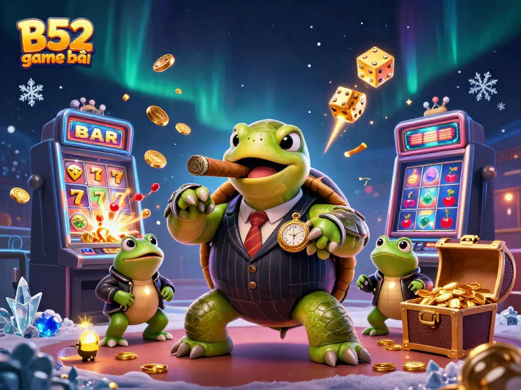 B52 game bài illustration featuring a snapping turtle and bullfrogs surrounded by dynamic casino elements.