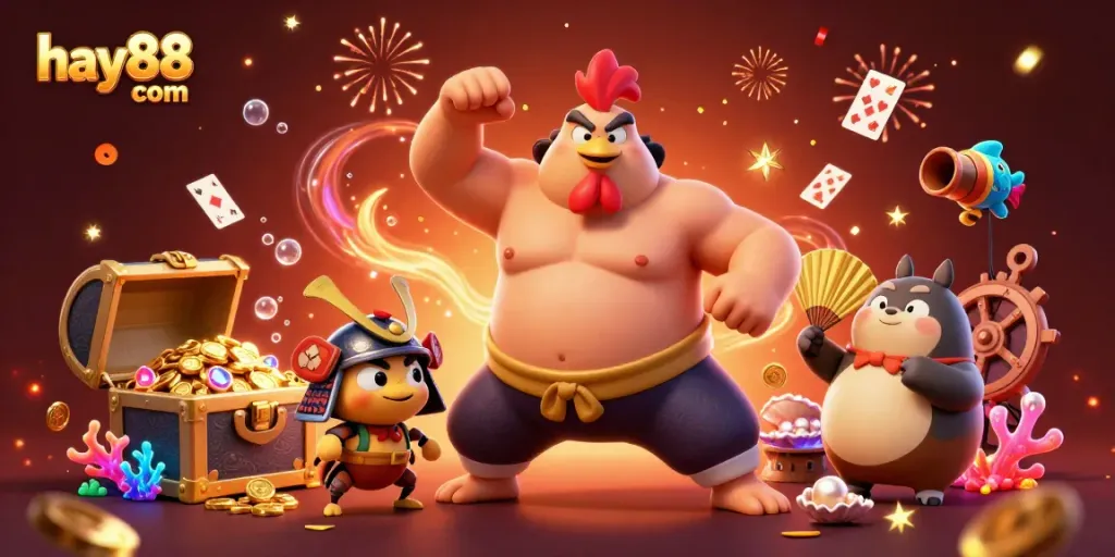 Experience gaming excitement with hay88 com in this vibrant 3D illustration of unique characters and casino elements.